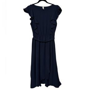 Flamingo‎ NAvy Blue Ruffle Fit Flare Modest Midi Dress Size Medium Wedding Guest